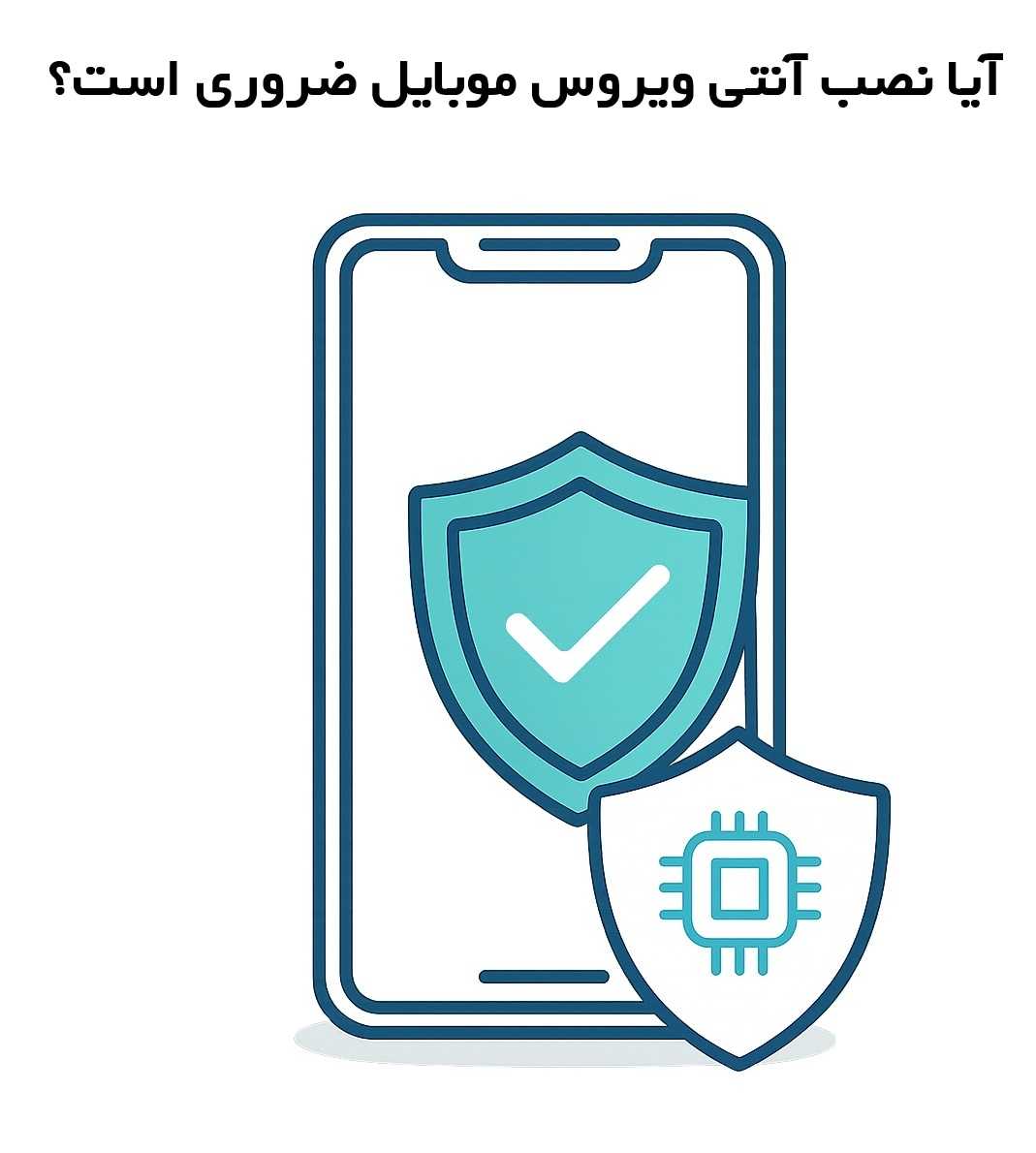 تصویر یک گوشی هوشمند با نماد سپر امنیتی و میکروچیپ، نشان دهنده محافظت از موبایل در برابر ویروس ها و تهدیدهای دیجیتال