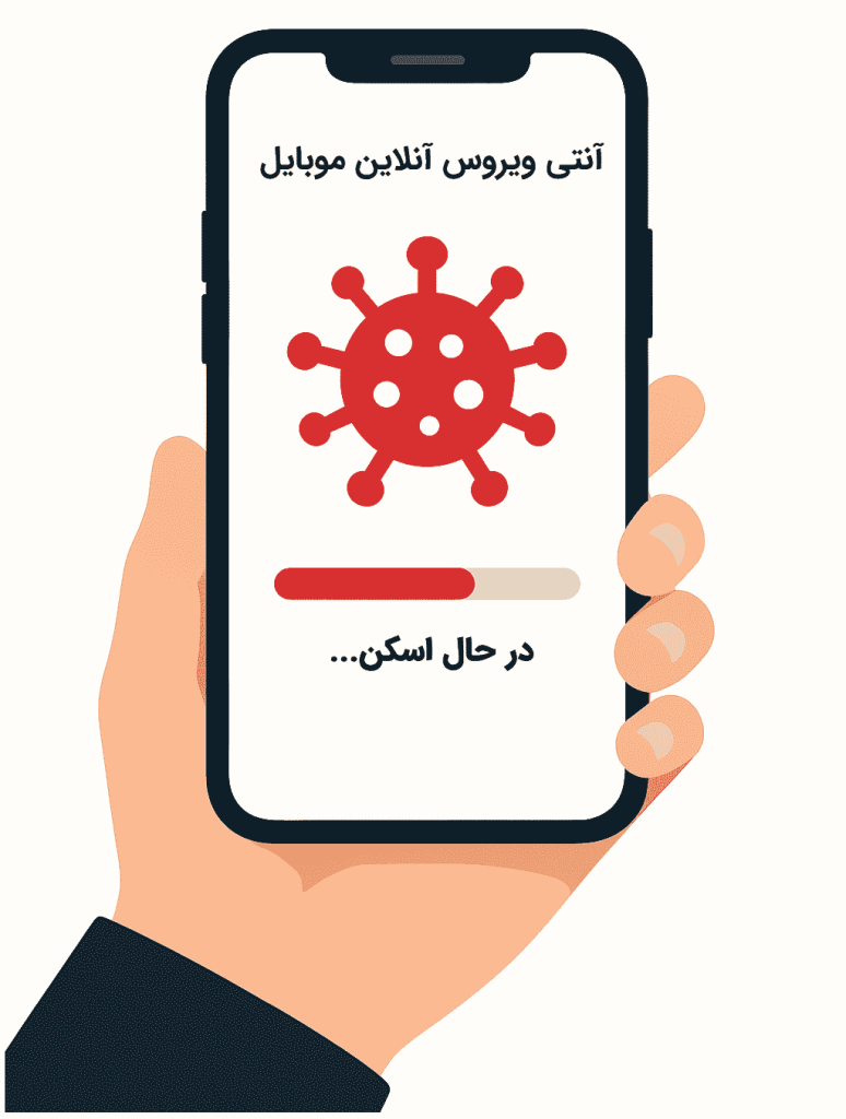 اسکن آنلاین ویروس در موبایل با نمایش آیکون ویروس، نوار پیشرفت و پس زمینه سفید