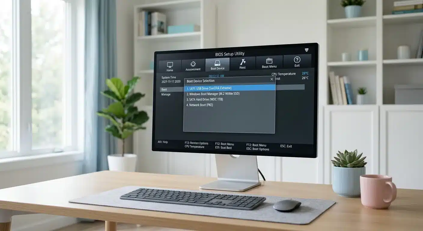 صفحه مانیتور یک کامپیوتر مدرن که تنظیمات بوت مادربرد (Boot Menu) را برای تعویض ویندوز و انتخاب فلش USB که فایل نصب ویندوز روی آن قرار گرفته نشان می‌دهد.